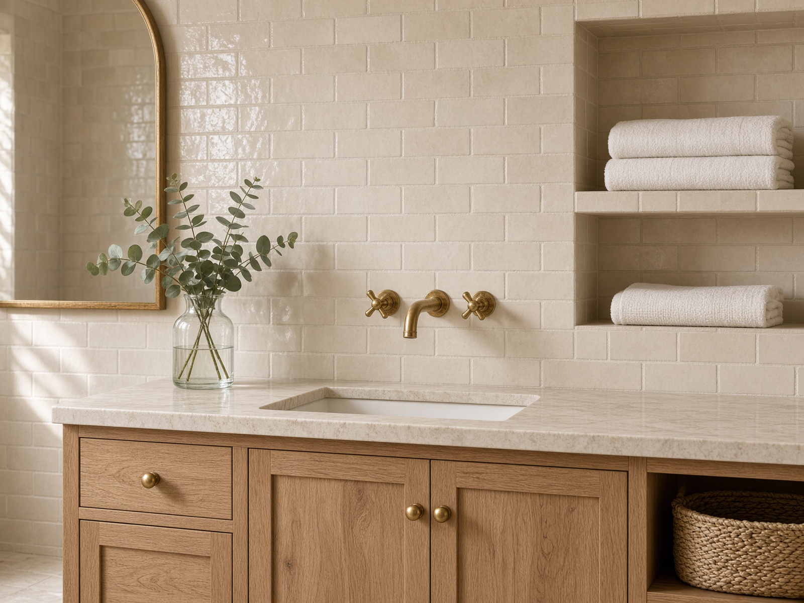 A freshly cleaned bathroom with folded towels
