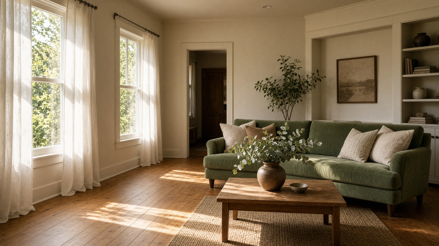 A freshly cleaned Nashville living room with oak floors and a sage sofa