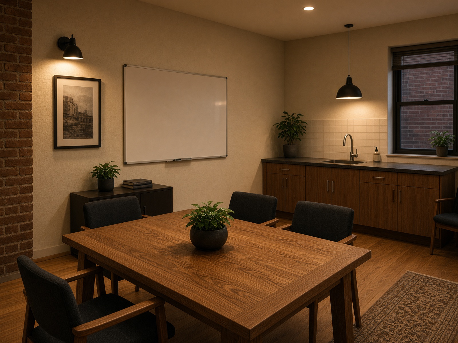 A tidy office conference room after evening cleaning