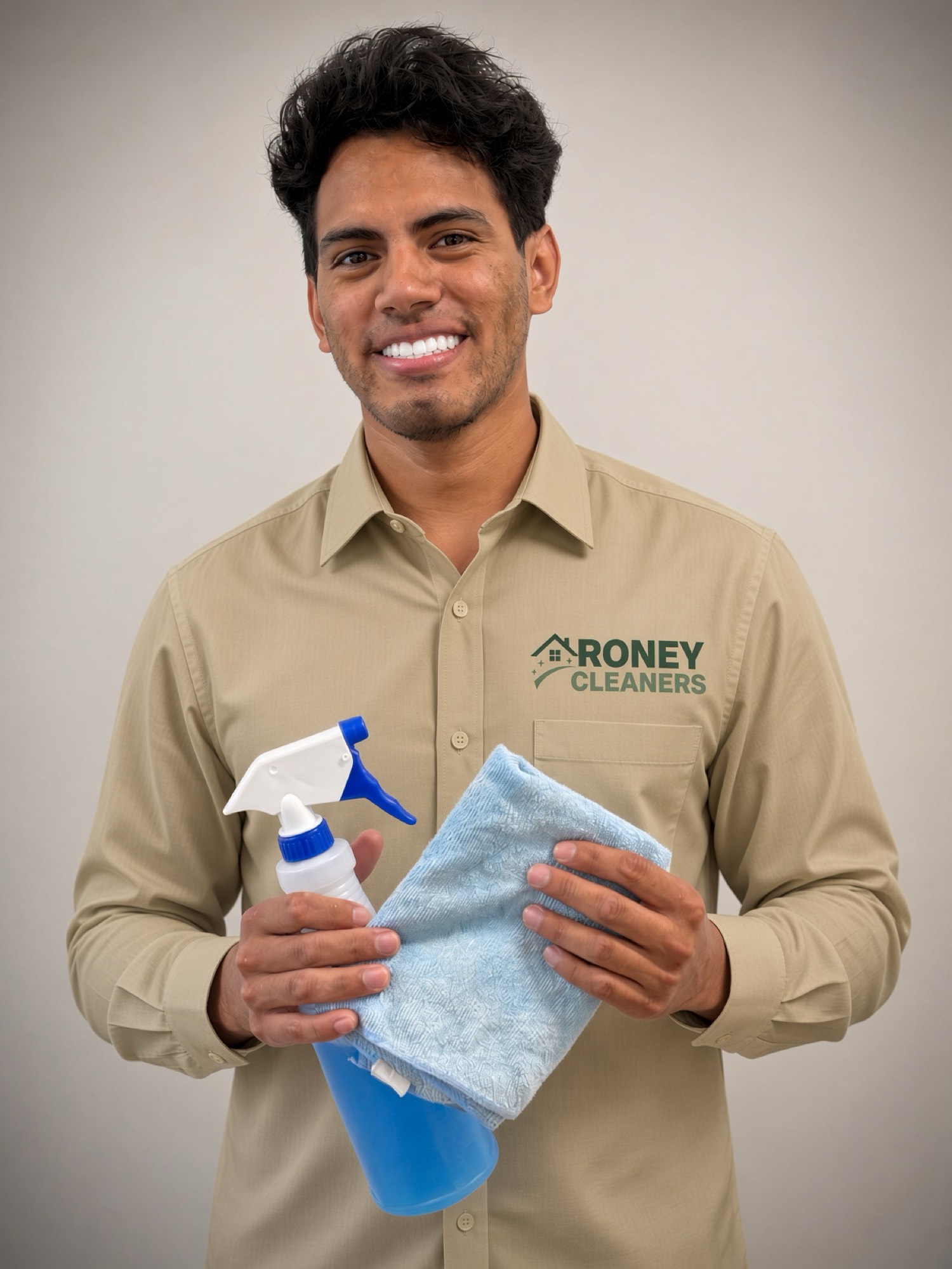Roney, owner of Roney Cleaners, holding a spray bottle and a microfiber cloth